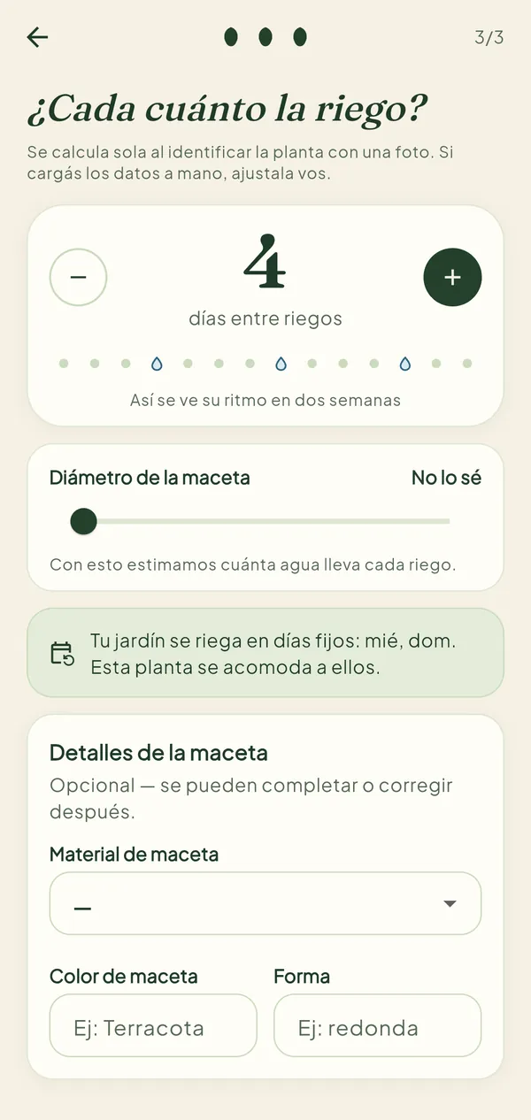 Pantalla para elegir cada cuánto se riega