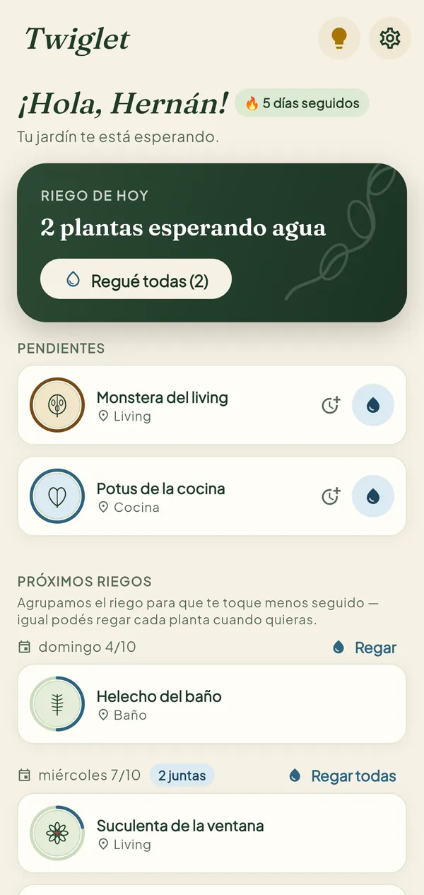 Pantalla de inicio de Twiglet con las plantas que hay que regar hoy
